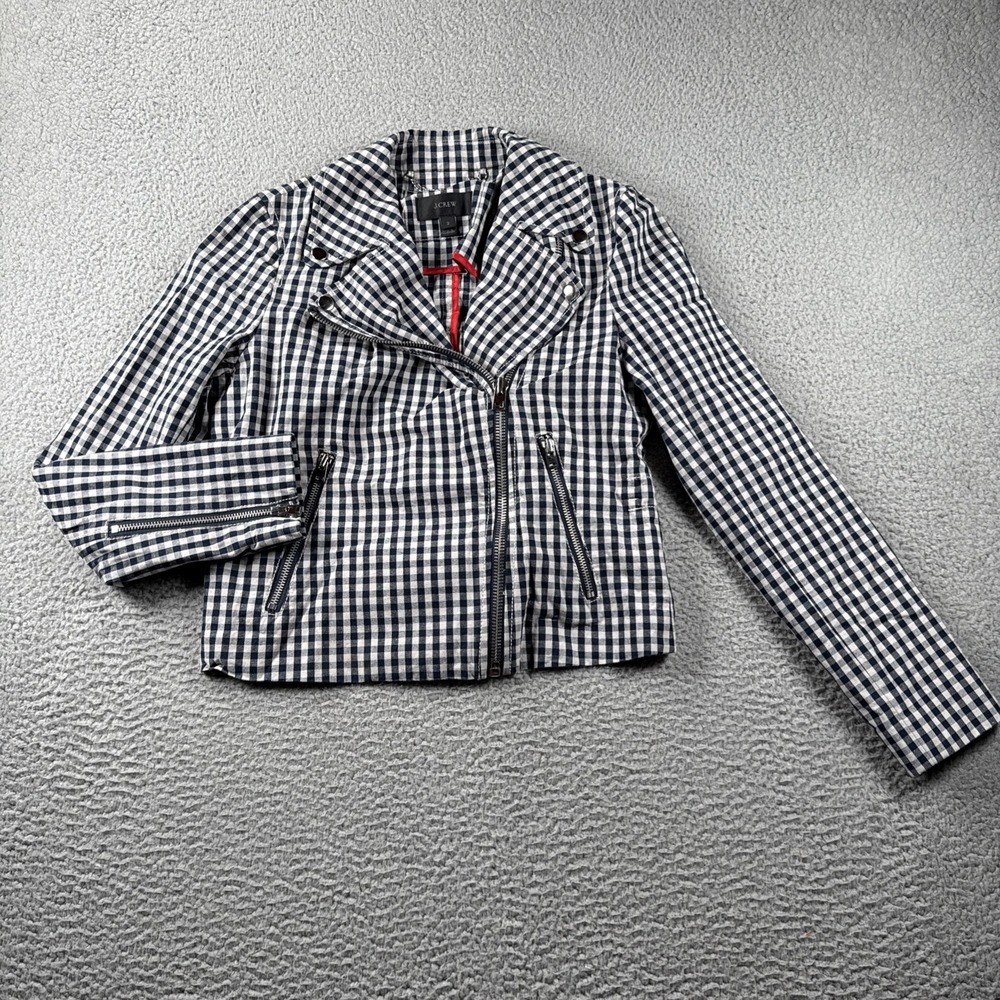 J Crew Moto Jacket Womens 2 Snaps Zippers‎ Gingham Check Adjustable Waist Cotton